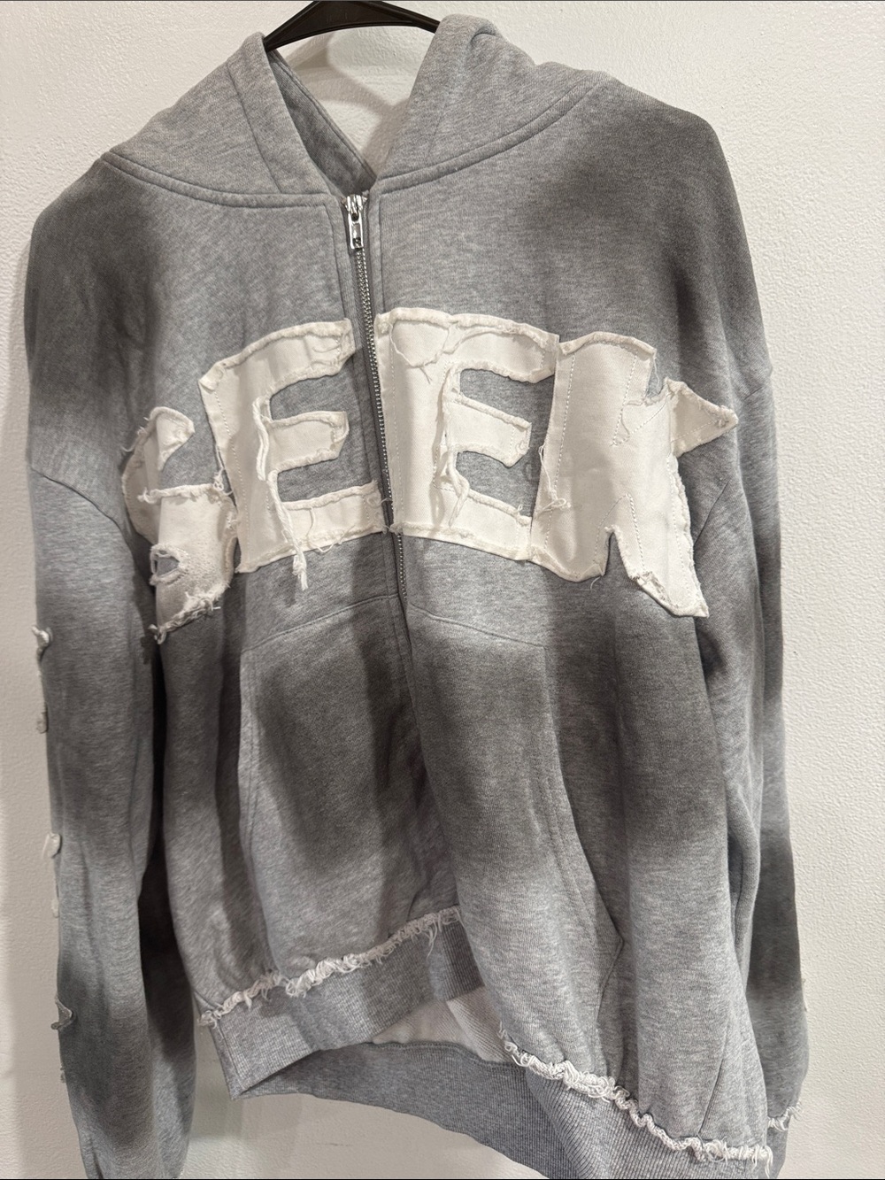 Men's Gray Zip-Up Hooded Sweatshirt with Distressed Patch Detail